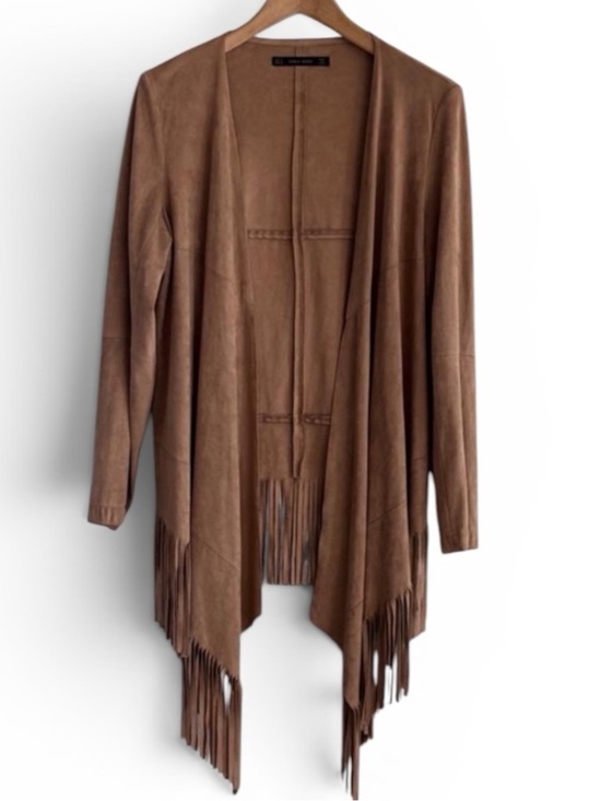 Zara Jackets & Blazers - Zara Tan Faux Suede Fringe Jacket‎ Boho Waterfall Cardigan Coat Medium